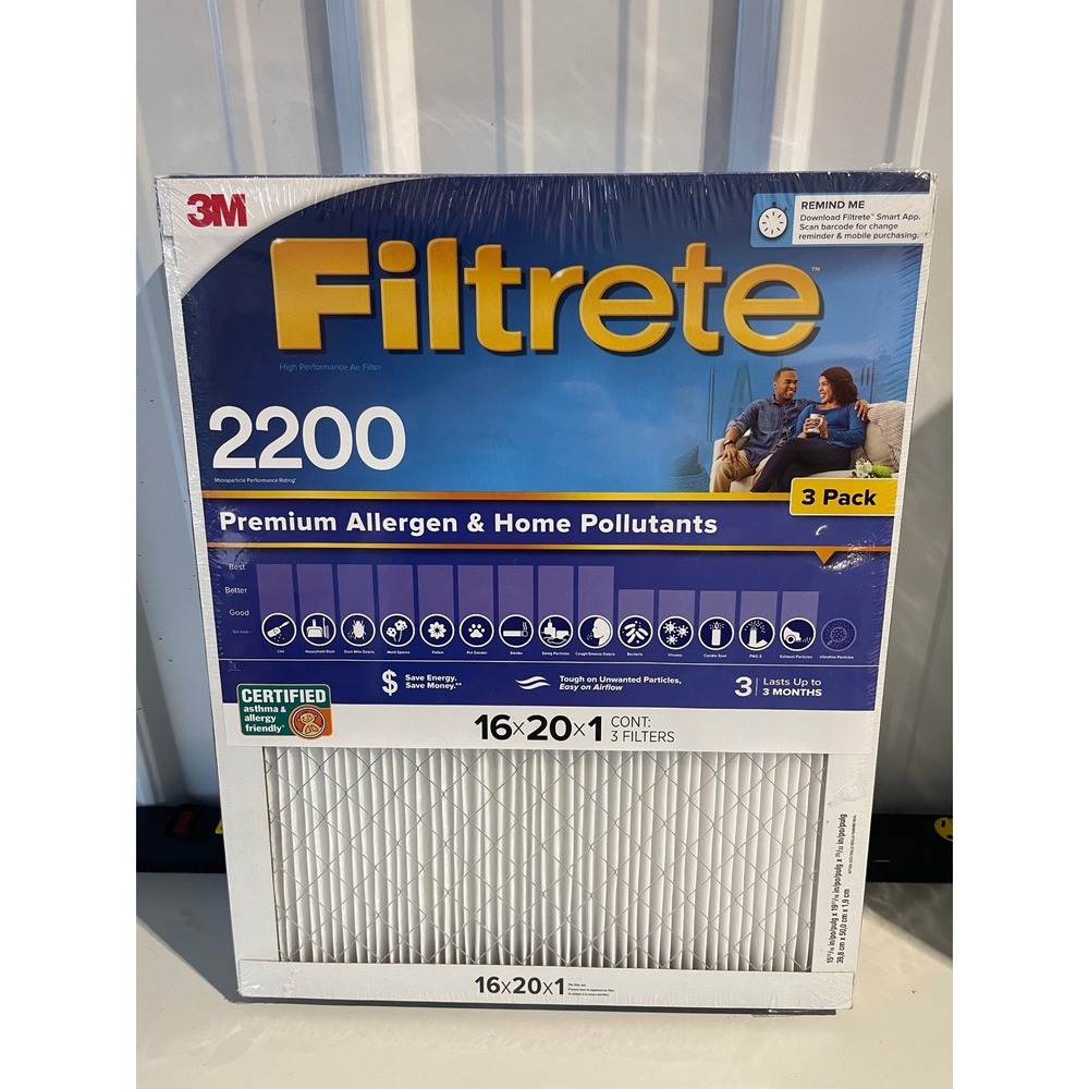 3M Filtrete 2200 Air Filter 16x20x1 Premium Allergen Pollutant 3 Pack MPR2200